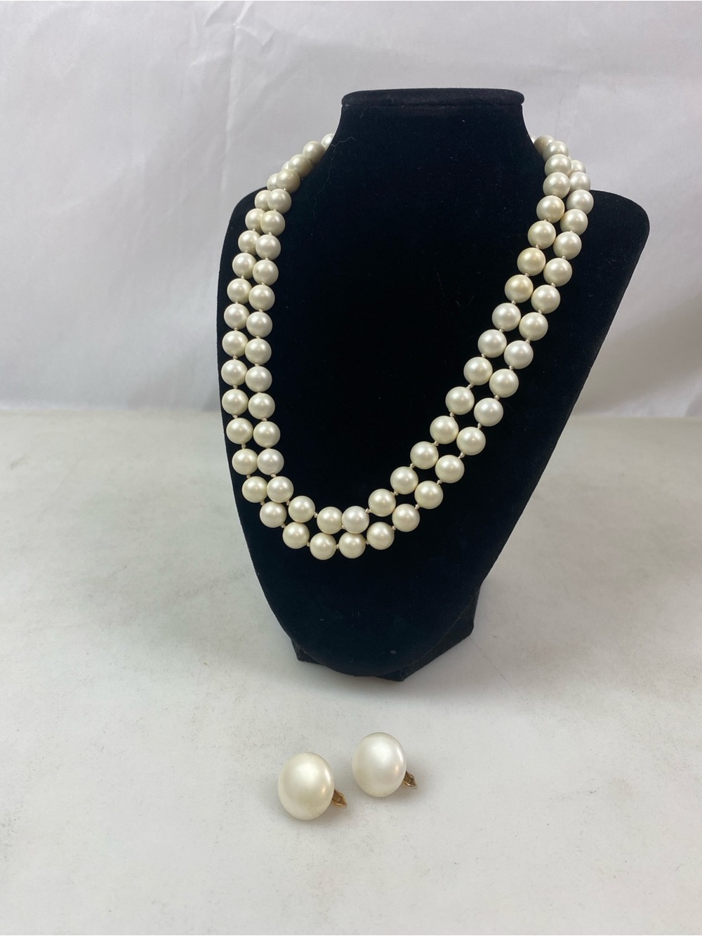 Vintage Marvella Faux Pearl Double Strand Necklace Clip On Earrings Set
